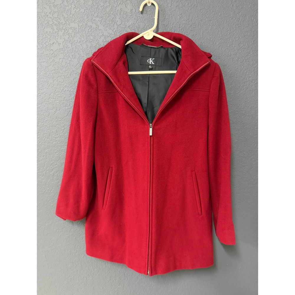 Calvin Klein Womens Red Wool Cashmere Blend Hooded Zip Front Coat Small